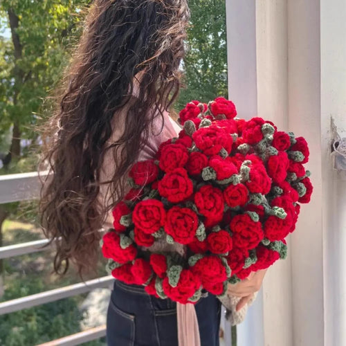 Red Rose Blanket Bouquet With Gift Bag（Random color）, Crochet Blanket of Roses For Mother's Day and Valentine's Day Gifts